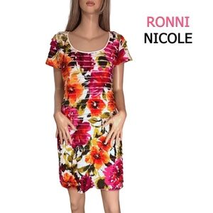 Ronni Nicole Dress Sheath Ruched Horizontal Ruffles Multi Colour Floral Print